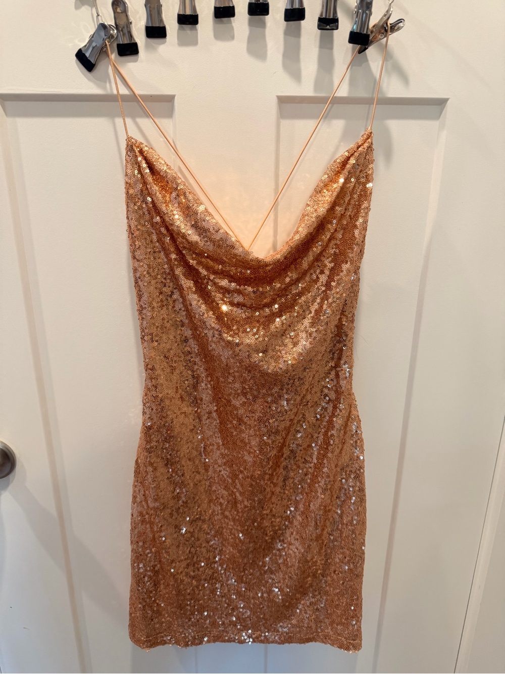 B Smart Large Rose Gold Sequin Cowl Neck Open Back Bodycon Mini Dress